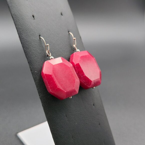 Silver Over Copper Large Red Faceted Stone Earrings A6094 - Picture 2 of 5